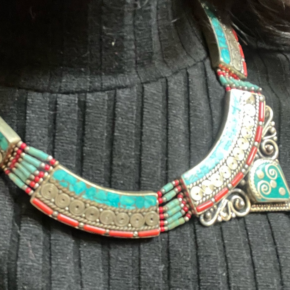 Morrocan inlay turquoise and coral necklace